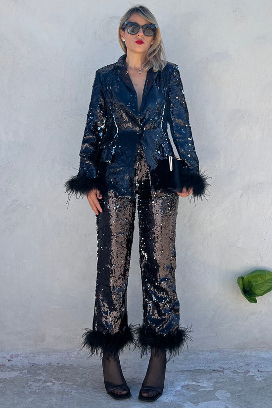 SEQUIN &amp; FEATHERS TROUSERS